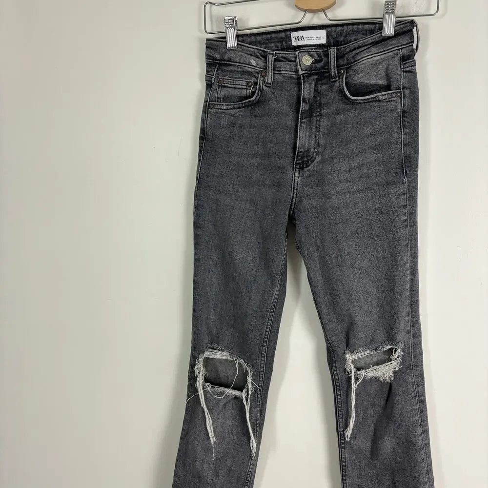 ZARA Split-Hem Skinny Jeans Gray Busted Knees Distressed Y2K Streetwear Sz 4